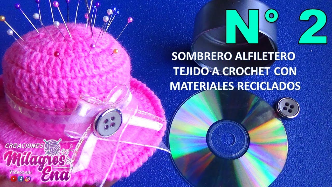 Manualidades Milagros Ena N° 2: SOMBRERO ALFILETERO TEJIDO A CROCHET CON LATA, CD Y SOBRAS DE LANAS