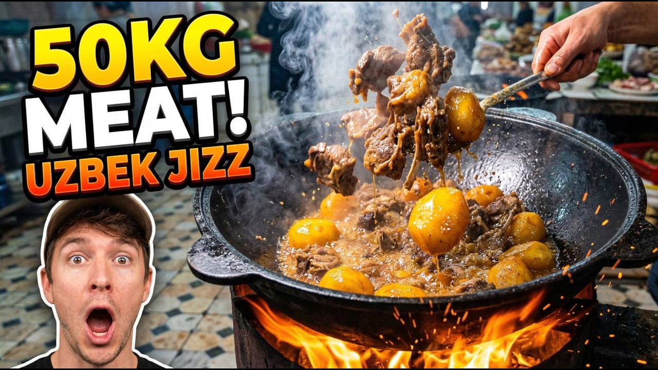 UZBEK JIZZ STREET FOOD! 🥩 50KG MEAT COOKED IN GIANT PAN  Uzbek Food