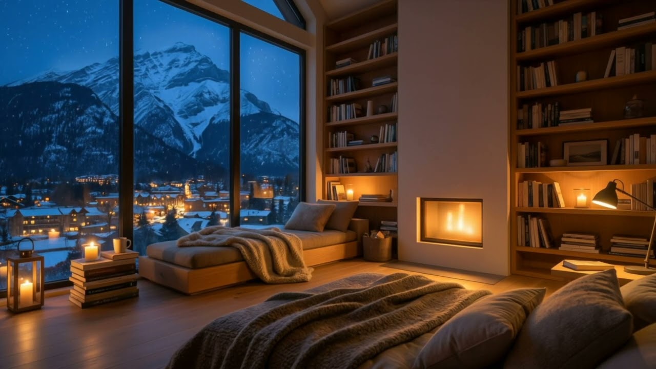 Snowfall Over a Mountain Town | Cozy Loft Library Night Ambience