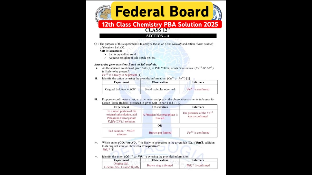 12th Class Chemistry PBA 2025 Solution Federal Board | fbise 2nd year chemistry PBA Answer keys 