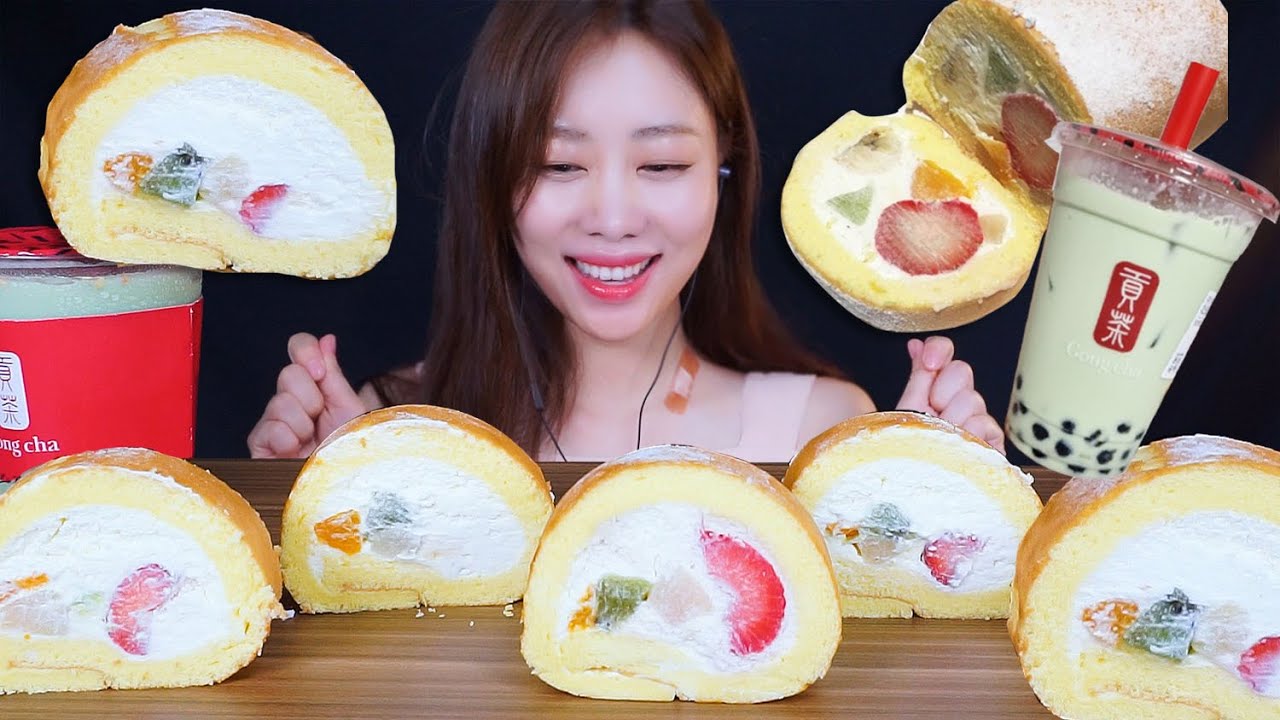 ASMR 몽슈슈 도지마롤 쫀득한 파티오카펄 가득 공차 피스타치오 버블티 먹방 ! ( Tapioca Pearl Bubble Tea Cream Roll Cake MUKBANG )