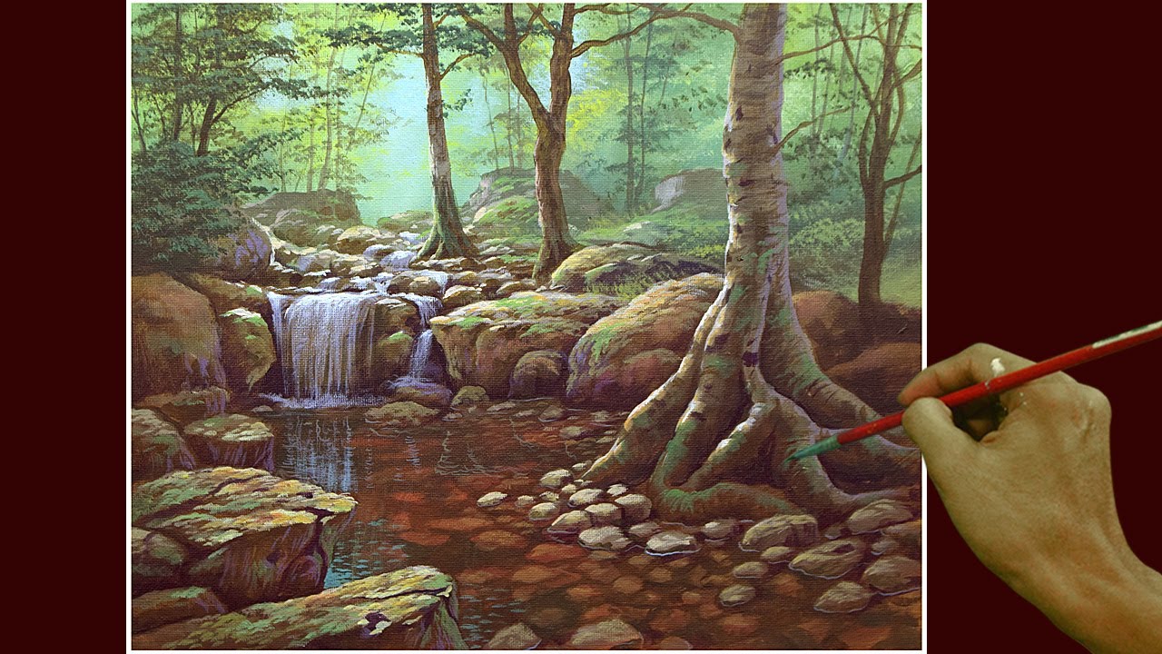 Acrylic Landscape Painting in Time-lapse / Forest Waterfall / JMLisondra