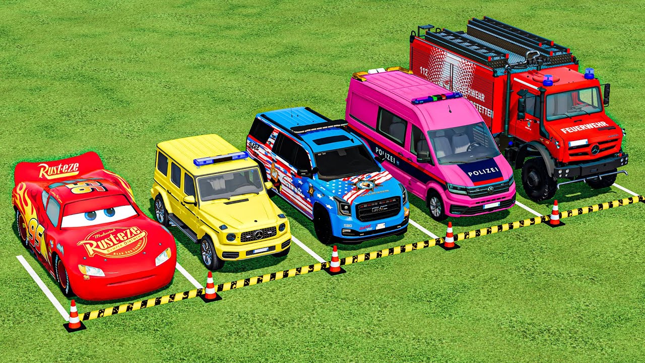 TRANSPORTING PIXAR CARS & FRUITS WITH COLORED & JOHN DEERE vs CLAAS vs TRACTORS - BeamNG.drive #983