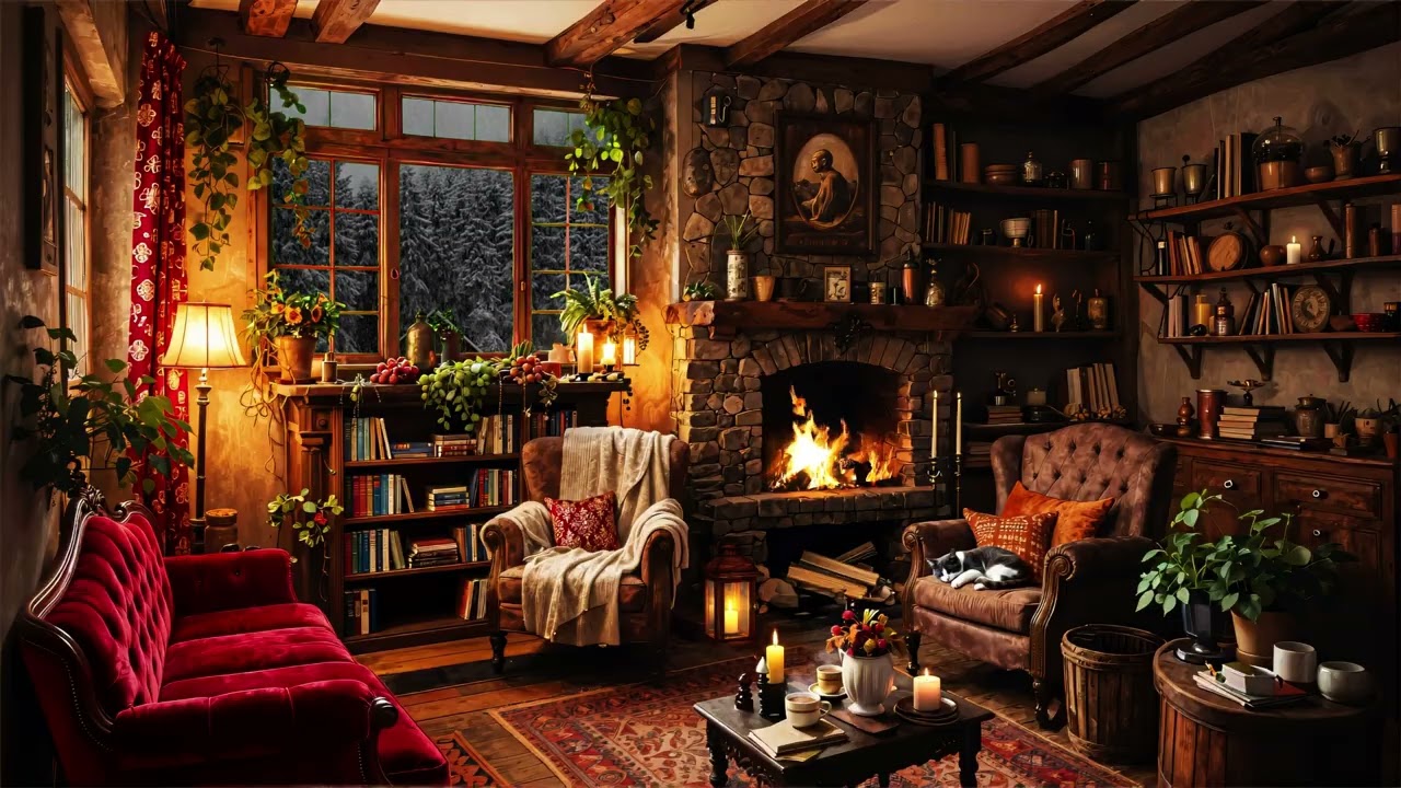 Peaceful Winter Night in Cozy Nook with Fireplace and Soothing Music