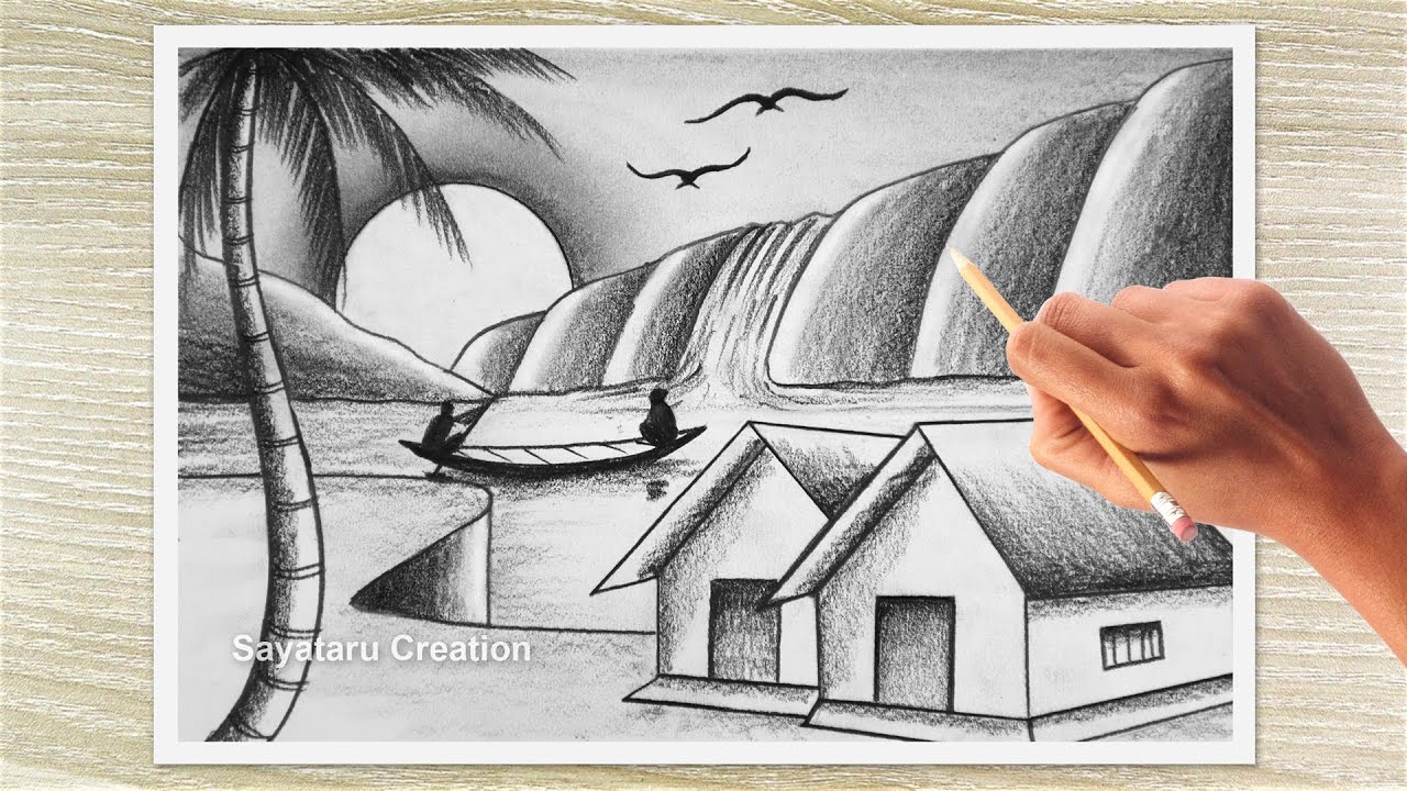 How to Draw a Village Sunset Landscape with Pencil Shading | Easy Scenery Drawing