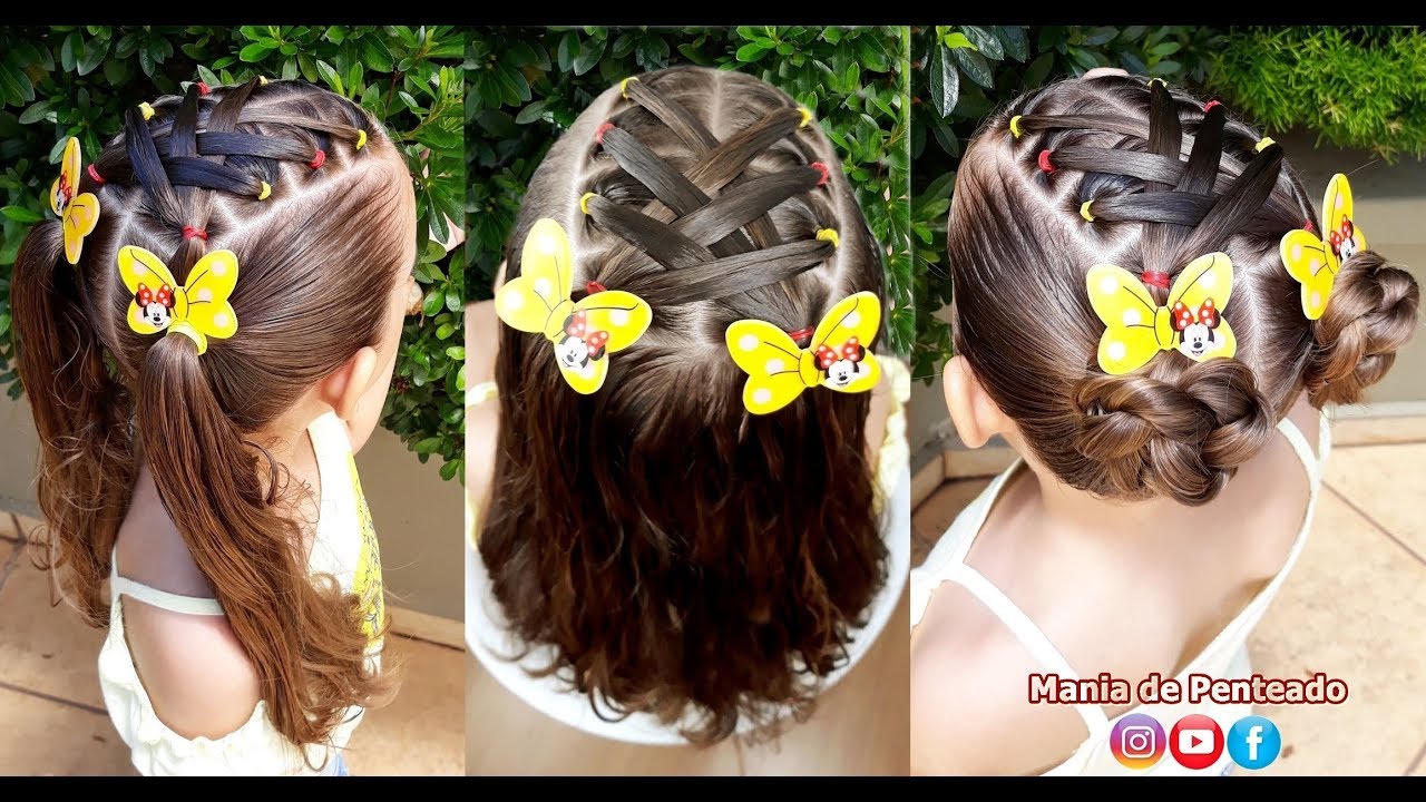 Penteado Infantil com ligas transpassadas em semi preso, Maria Chiquinha ou coque