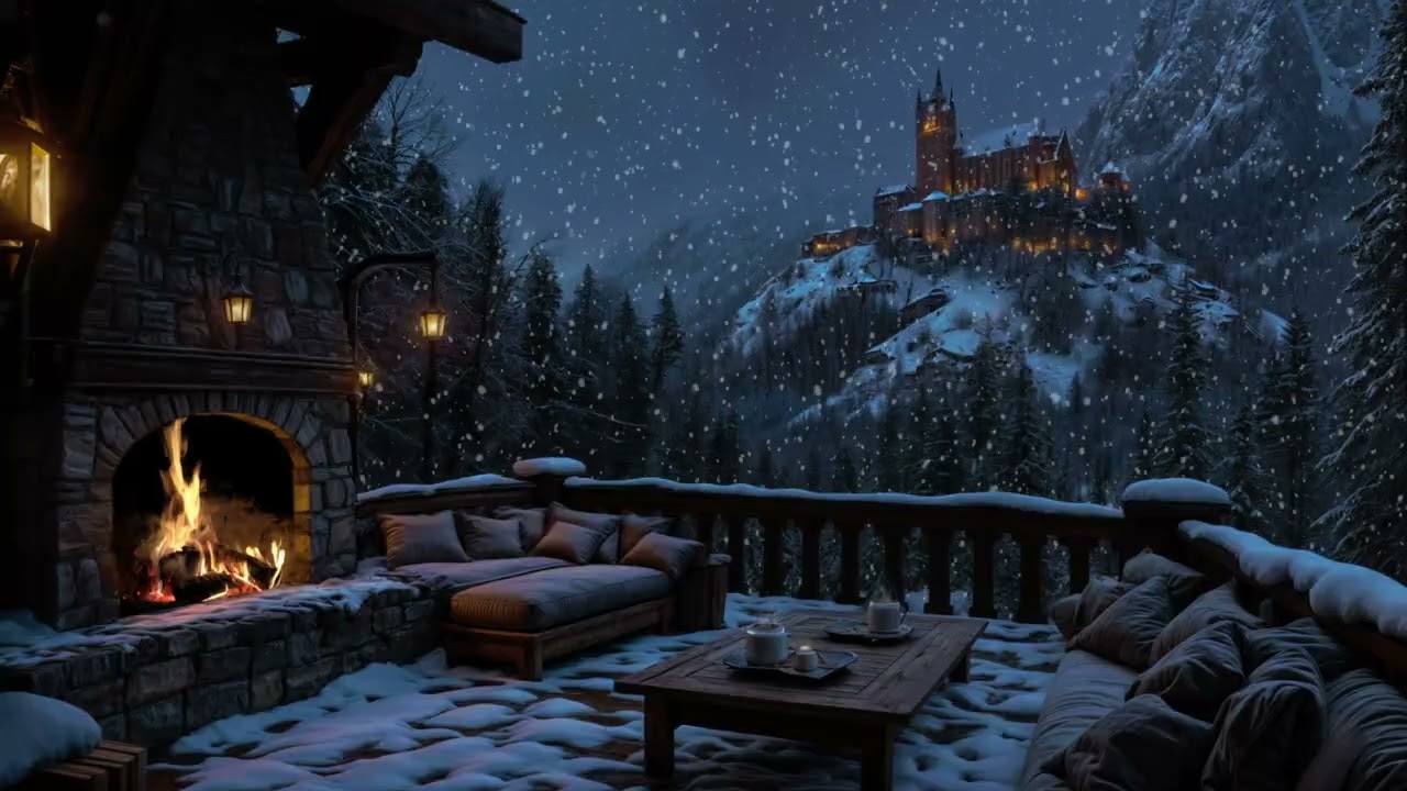 Frosty Mountain Balcony ❄️🔥 | Peaceful Fireplace & Quiet Winter Air for Deep Sleep & Calm