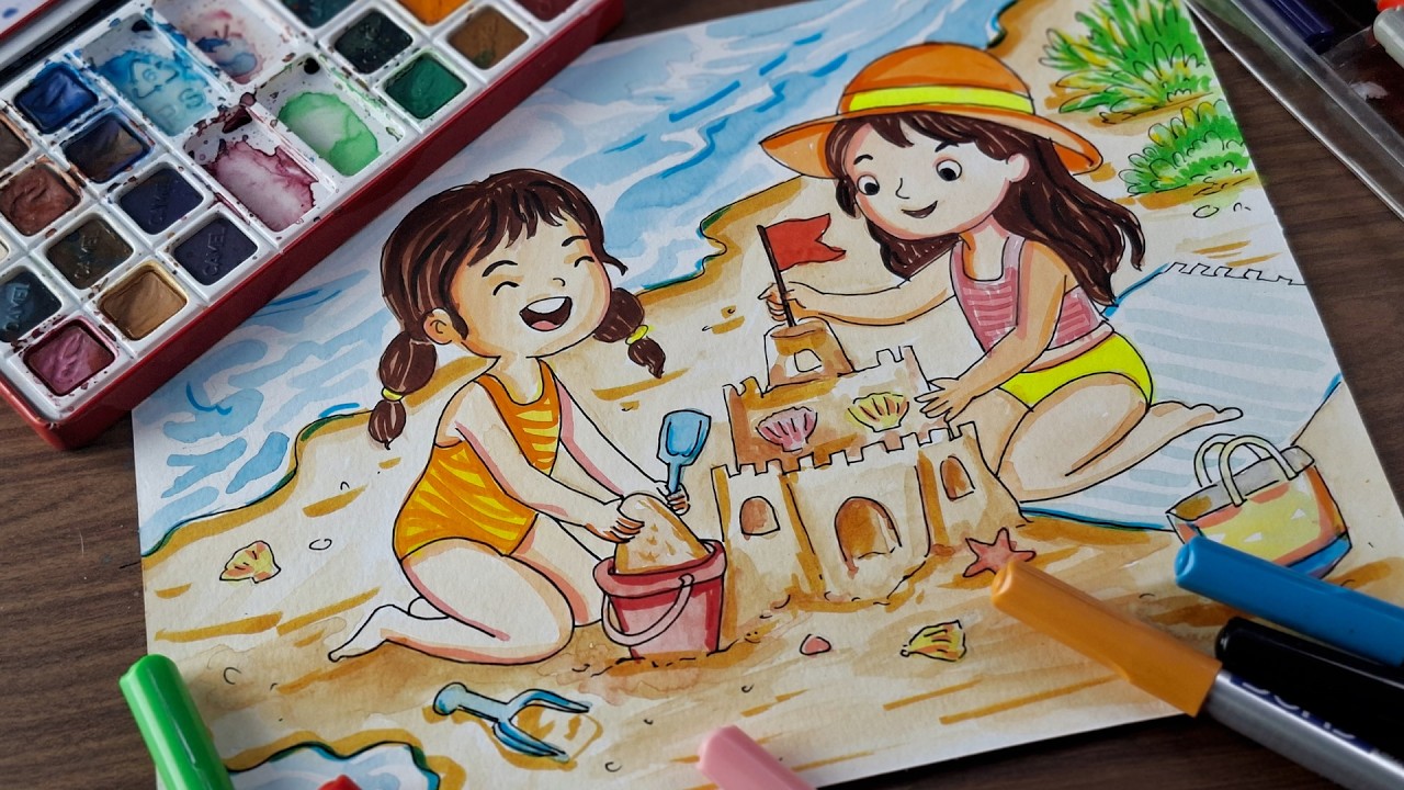 How To Draw And Paint Cute Girls Playing With Sand | Easy And Simple Drawing | Cute Drawing
