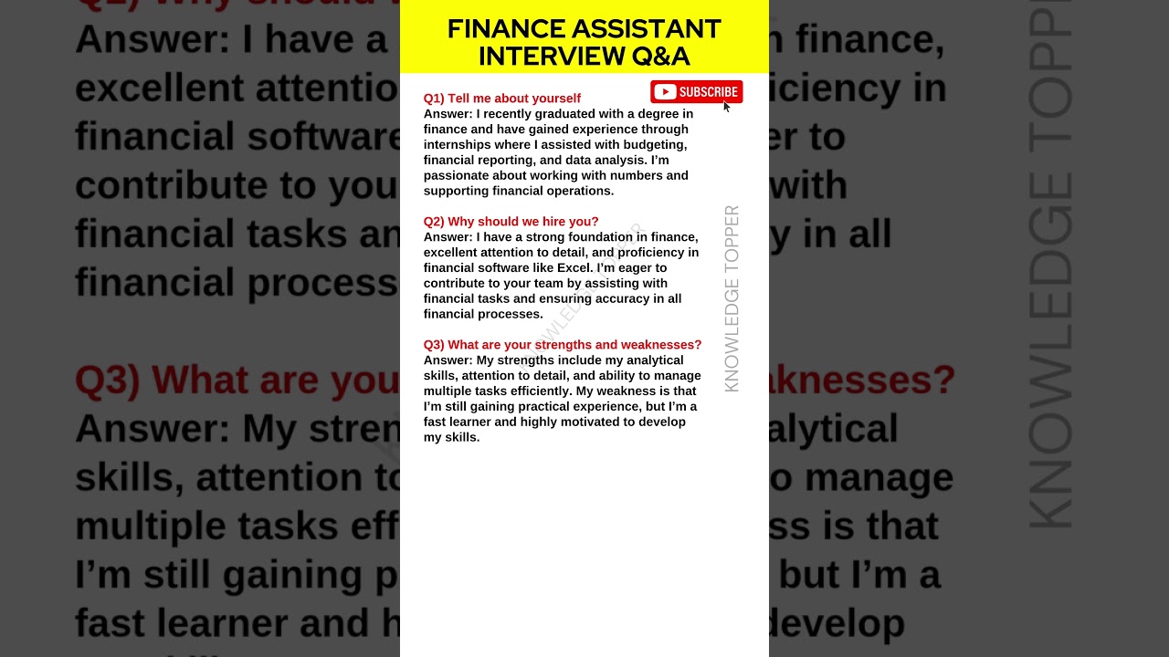 Finance Assistant Interview Questions and Answer | Finance Assistant Job Interview Questions