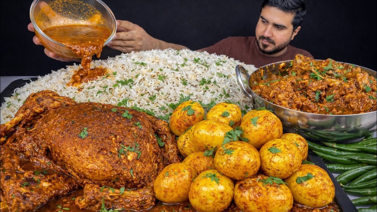ASMR; Eating Spicy Whole Chicken Curry Spicy Mutton Curry Spicy Eggs Curry Extra Gravy with Rice