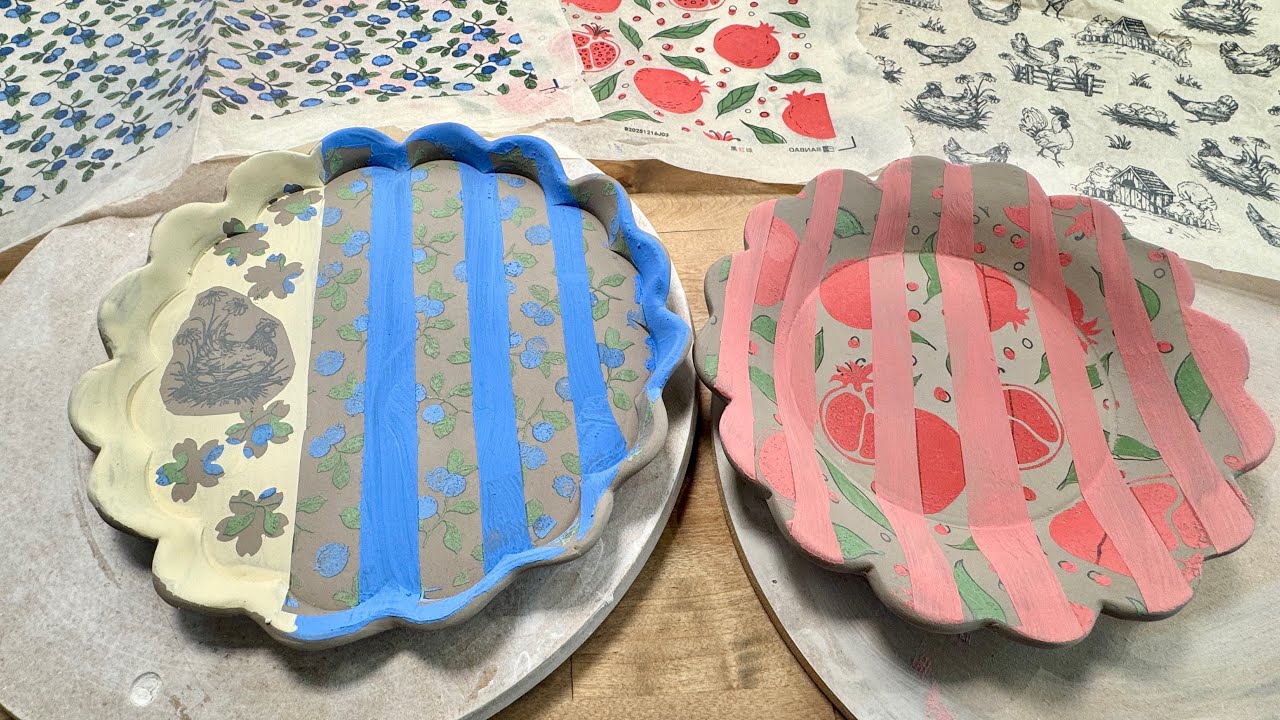 Layering with pottery underglaze transfers, cute chicken and blueberry plate!