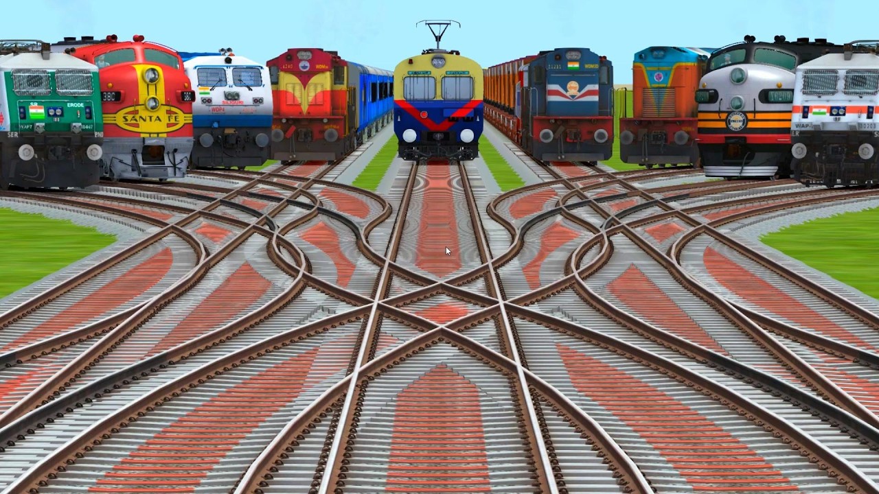 9 Express Trains Crossing At Realistic 🏆Bumpy Railroad Track- indian train simulator- laying track