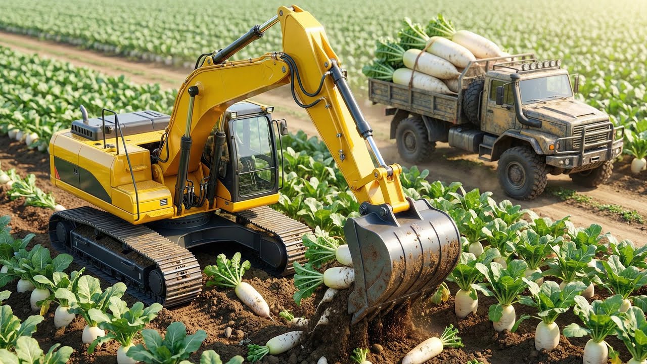 Excavator in the Field Harvesting Fresh Radishes for the Truck! 🚜🌿 | Farm Machines