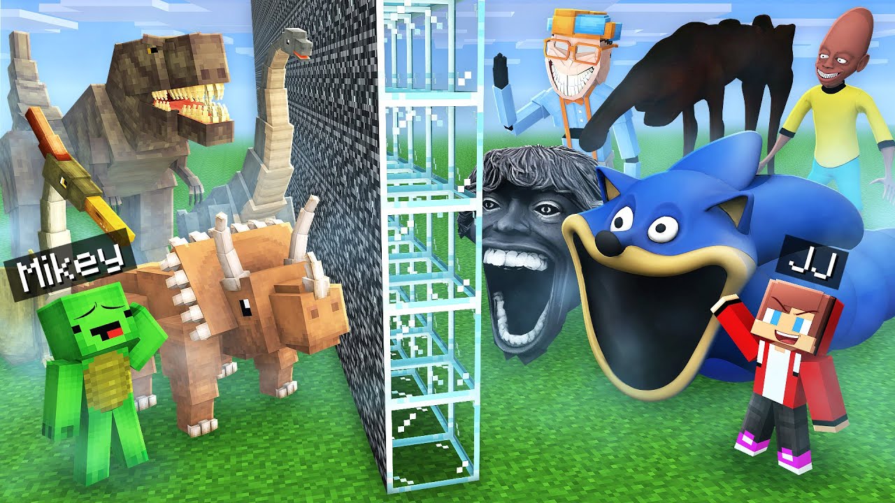 Mikey & JJ: Dinosaurs vs Mobs ARMY Battle in Minecraft (Maizen)