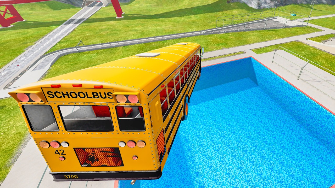 Insane BeamNG Drive Crash Test – School Bus Down In Swimming Pools With Realistic Physics