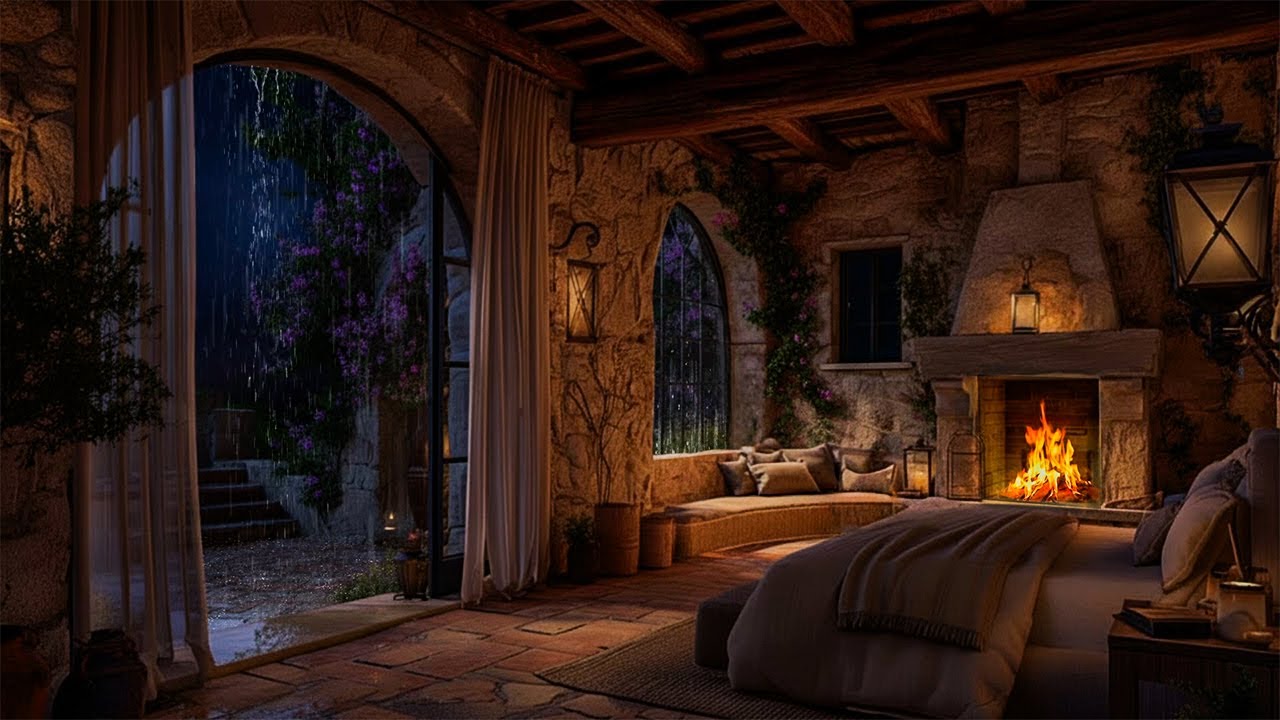Fire & Rain Sound On Spring Bedroom with Thunder SoundsㅣHeavy Rain for Sleep, Study& Relaxation
