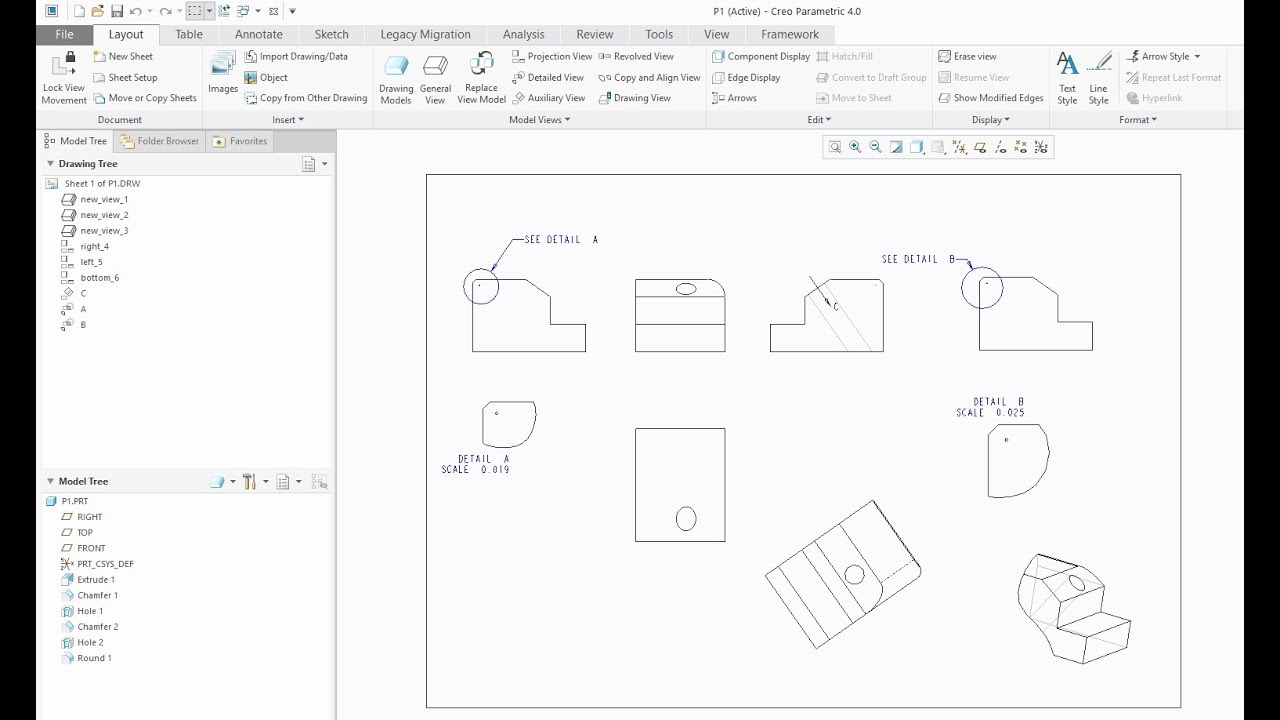 Creo Drawing tutorial: Introduction to Drawing - How to create Views in Creo