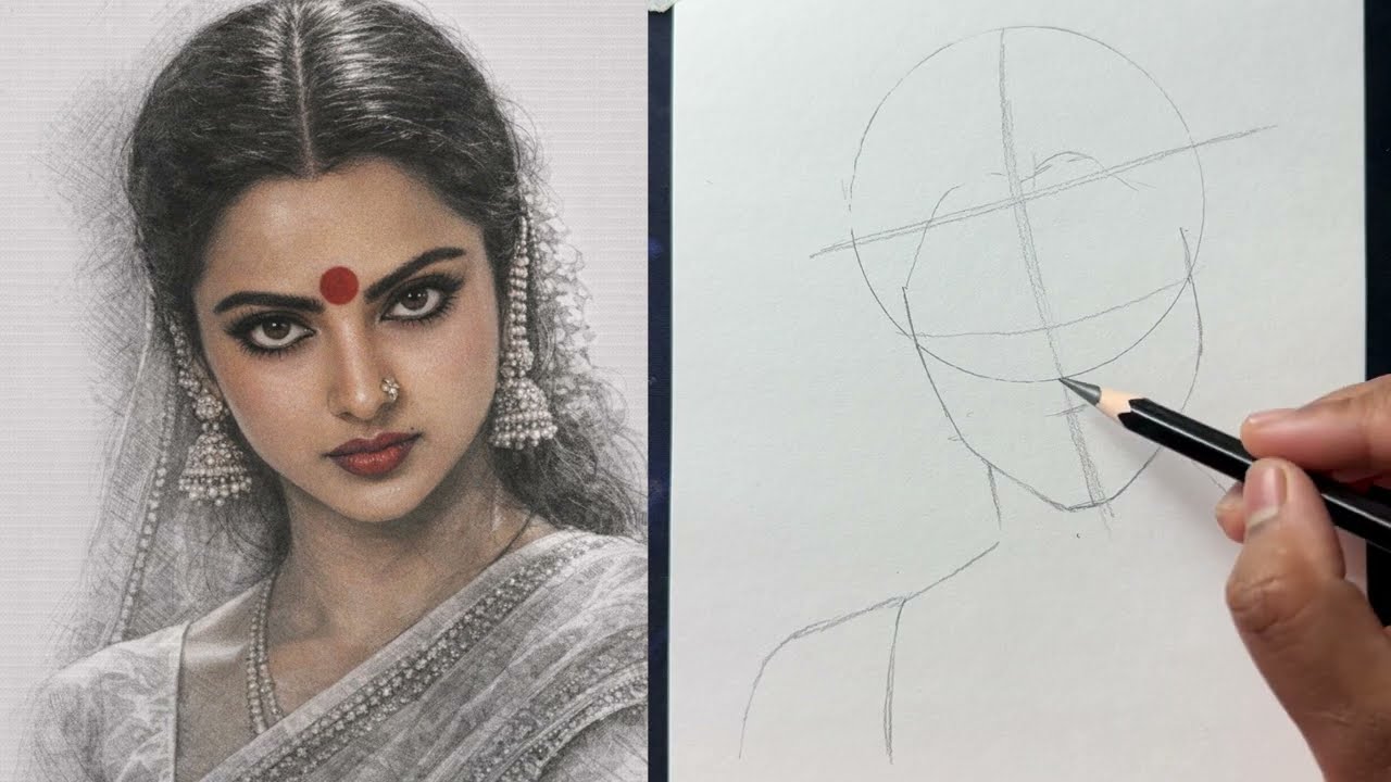 How to Draw Rekha | Simple Pencil Sketch (One Pencil Only)