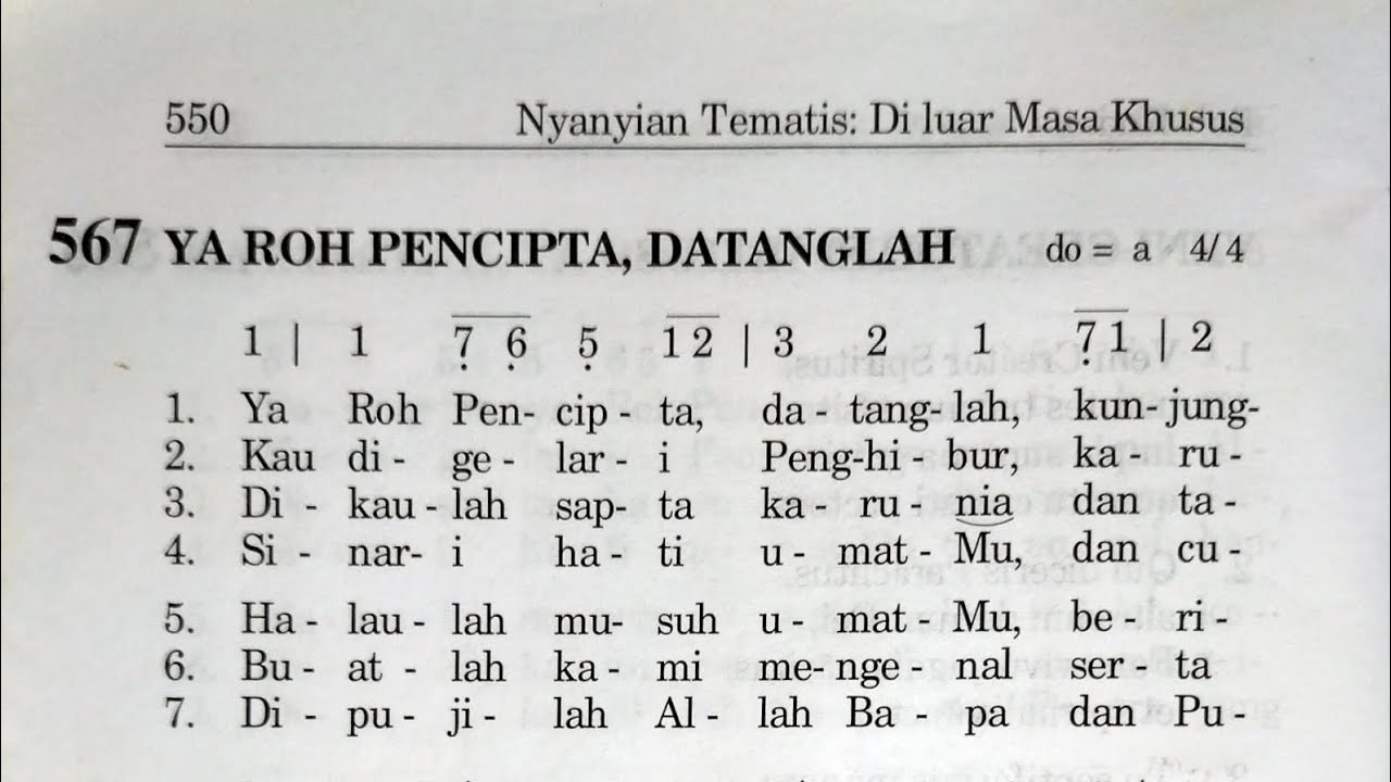 Ya Roh Pencipta, Datanglah - Lagu Puji Syukur No 567