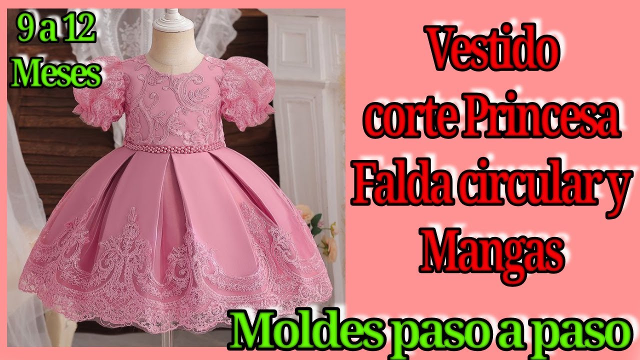 Vestido corte princesa y falda circular con mangas 💕 9 a 12 meses💕 Moldes paso a paso