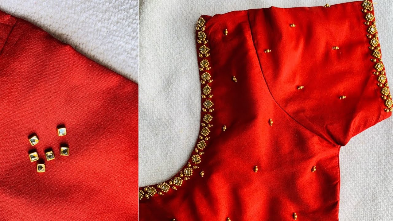 Very simple & easy Kundan work bridal blouse design with normal needle #aari #embroidery #maggamwork