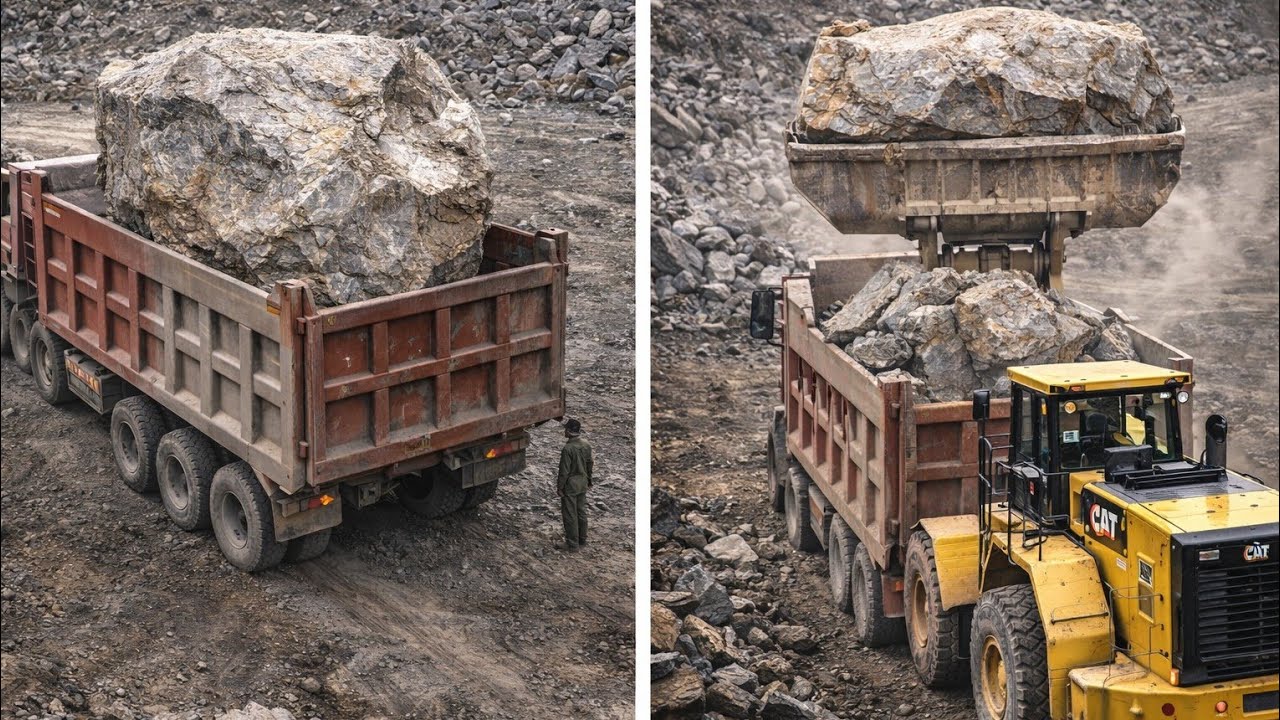Biggest Stone view in Mountain: Bigger Caterpillar Laoder & Bigger Dumper & Trolley Loading Stone 