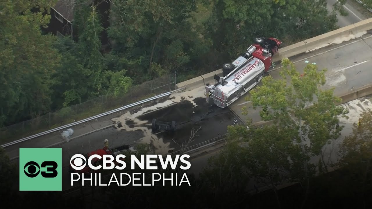 Overturned tanker truck spilling fuel onto Media Bypass in Upper Providence Township
