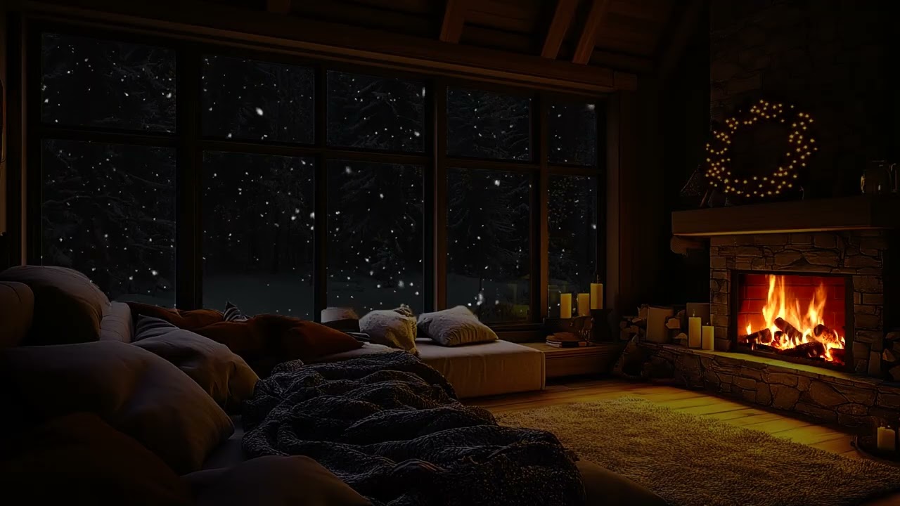 Peaceful Snowy Cabin Ambience with Soft Fireplace Crackles for Relaxation and Deep Sleep