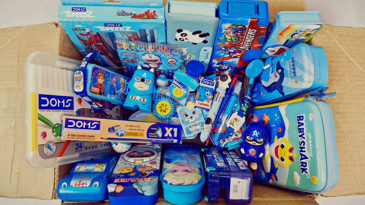 Best blue stationery items - doms colour pens, doms speedz kit, pencil box, jumbo sharpner, eraser
