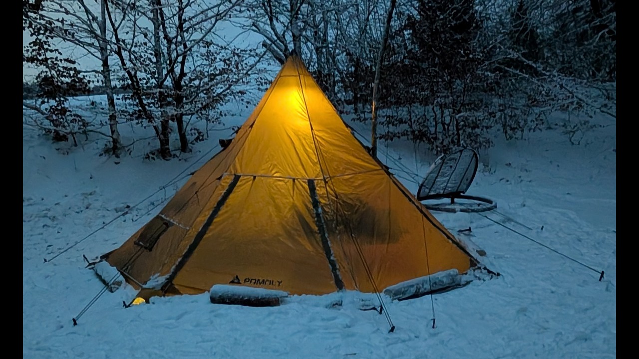 Hot tent camping and cooking in snow storm - ASMR