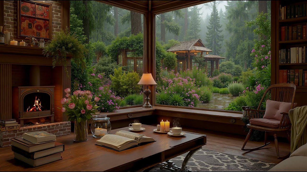 Peaceful Garden Ambience | Warm Jazz Music & Gentle Fireplace Sounds for Study & Work