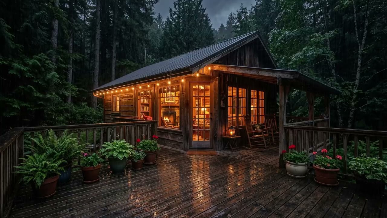 Peaceful Rain Sounds in Cozy Pine Forest Cabin 🌧️ Warm Lamp & Books for Calm Sleep