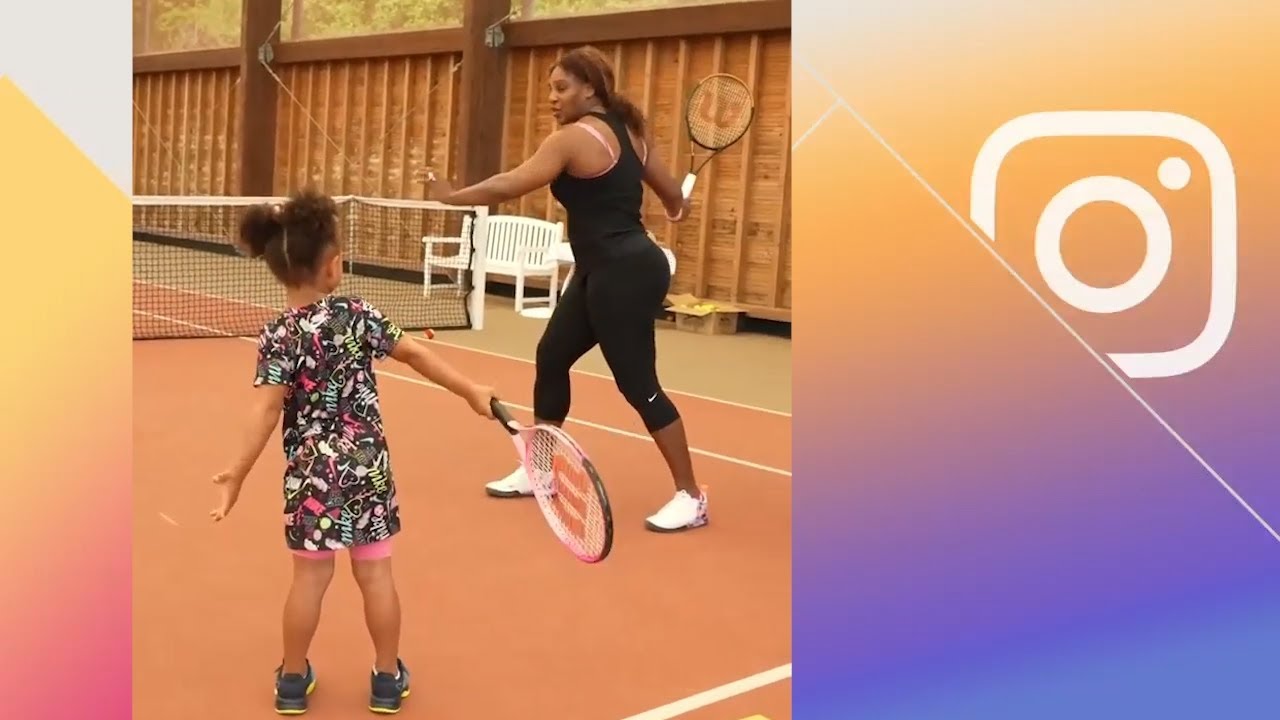 Serena Williams puts 3-year-old daughter Olympia through her paces on the tennis court