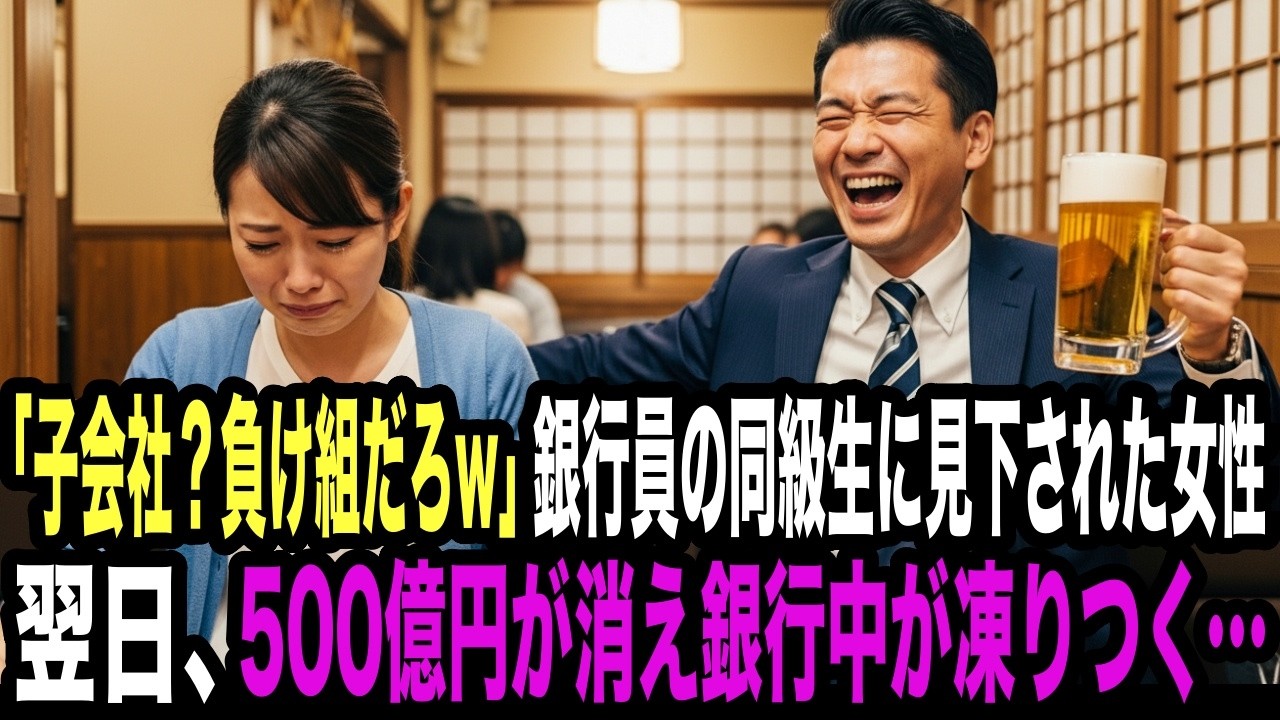 「子会社？負け組の集まりだろw」銀行員の同級生に侮辱された女性。「気が済んだ？」→翌日、彼の銀行から500億円が消えた…
