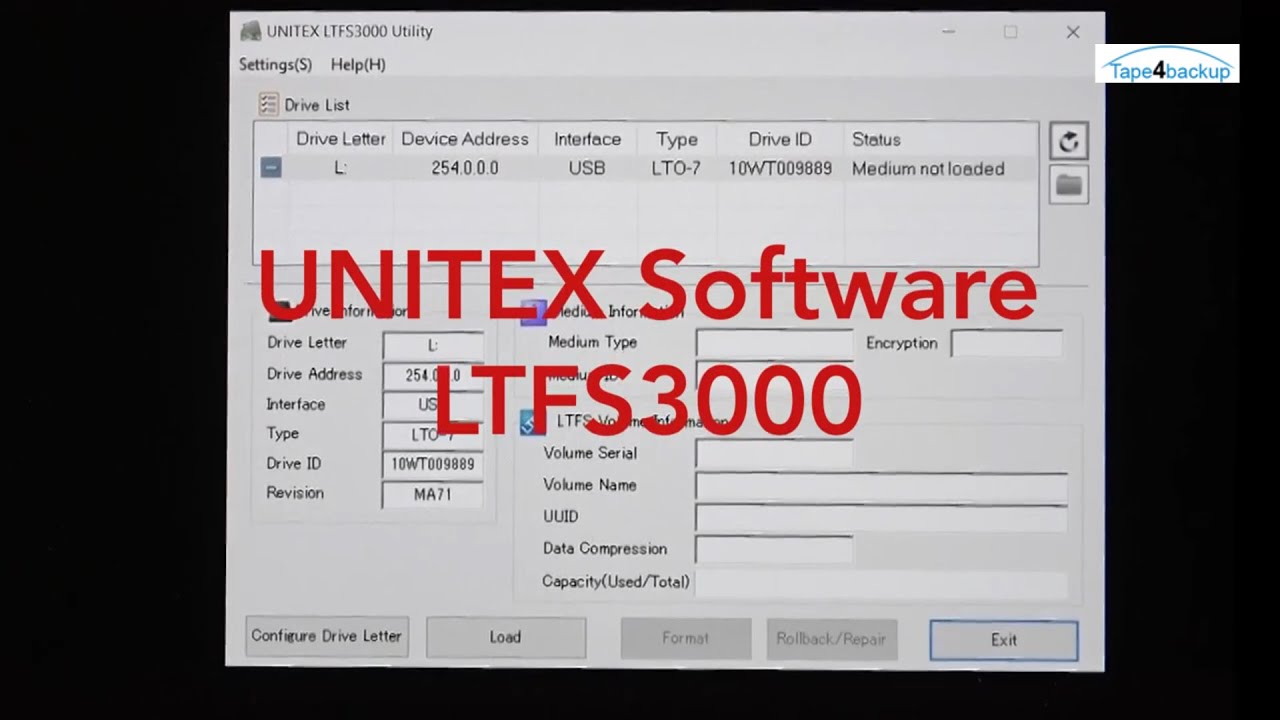 UNITEX LT70H2 - USB LTO7 External Tape Drive with LTFS Utility -Tape4Backup