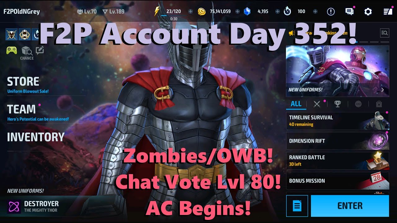 Marvel Future Fight: F2P Account Day 352!  Zombies/OWB! Chat Vote Lvl 80! AC Begins!  🧟‍♀️🤓⚔️