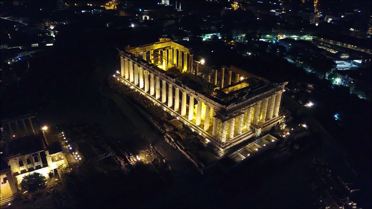 Drone flight over the Acropolis of Athens at night