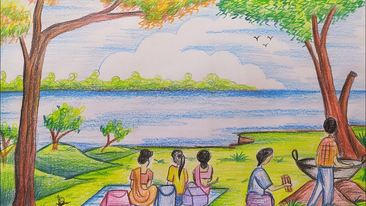 How To Draw A Family Picnic Scenery Drawing. Picnic Scenery Drawing. Step by step for beginners.