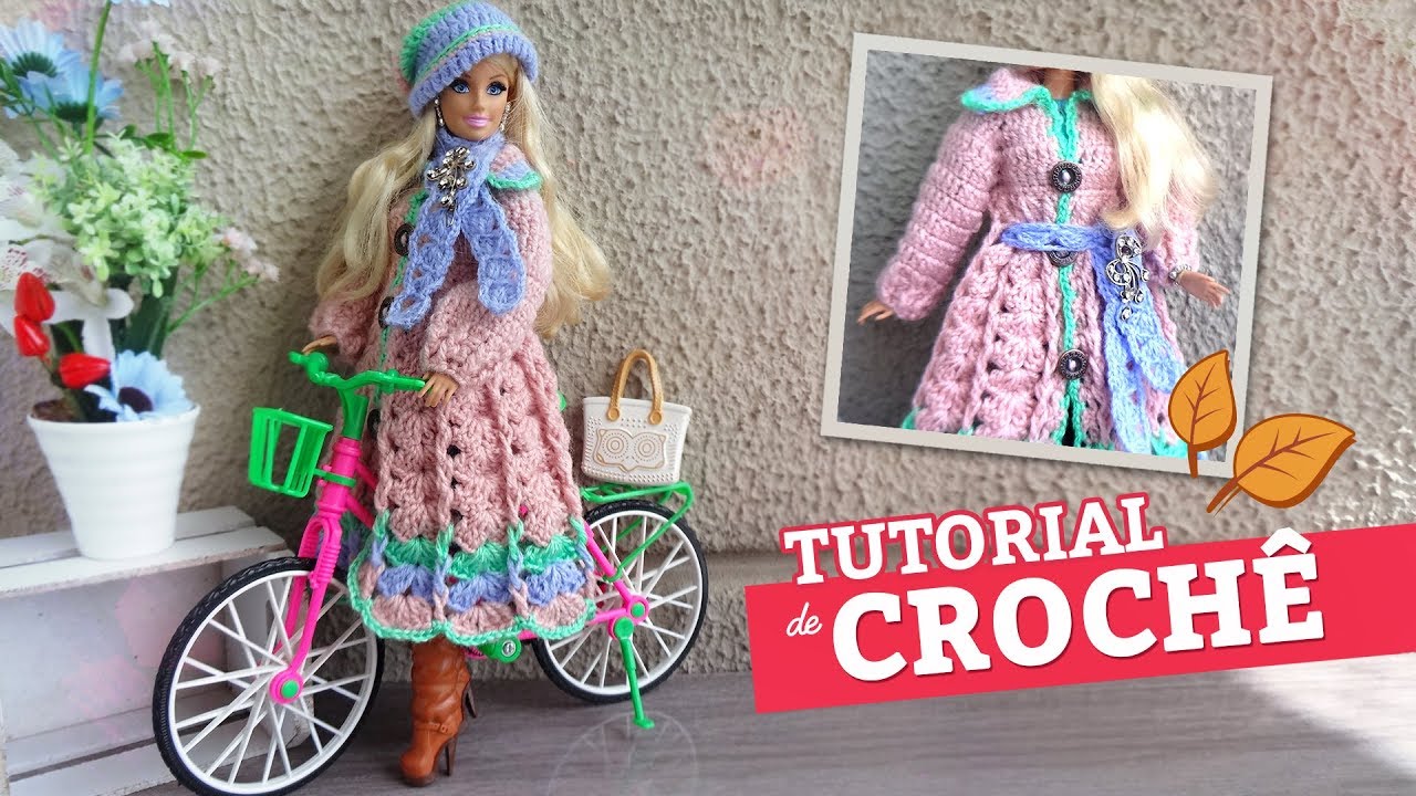 Sobretudo, Gorro e Cachecol/Cinto de Crochê para Bonecas