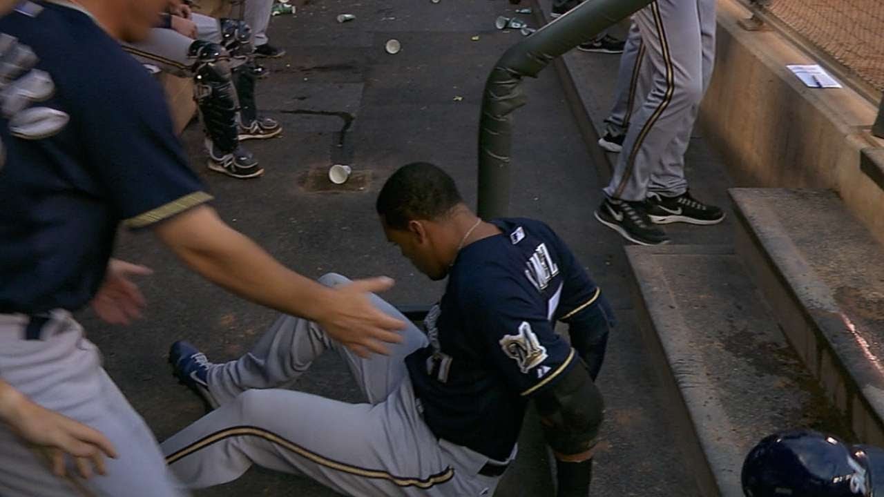 Carlos Gomez's string of BAD LUCK! Breaks bat, makes an out and FALLS DOWN the dugout steps!