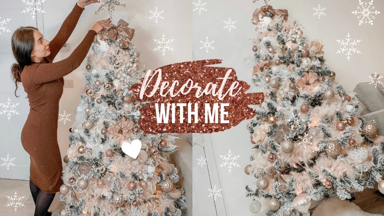 DECORATING MY CHRISTMAS TREE 2019 | BLUSH PINK, WHITE, ROSE GOLD & FEATHERS | FLOCKED TREE