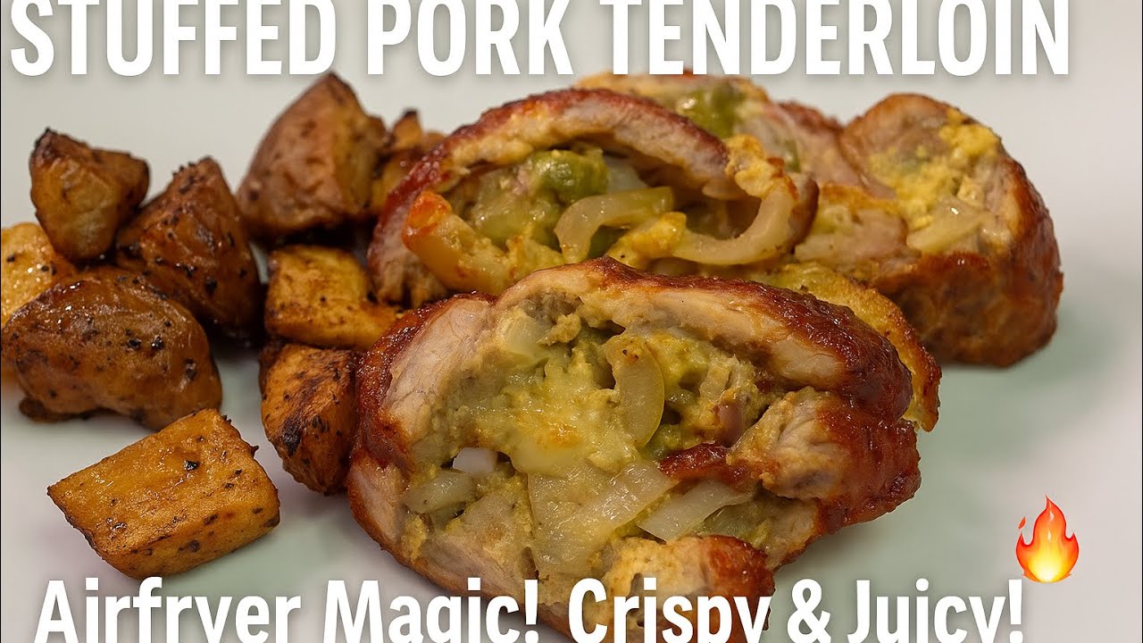 🎬  Stuffed Pork Tenderloin with Roasted Potatoes | Easy Airfryer Recipe! 🍖🔥
