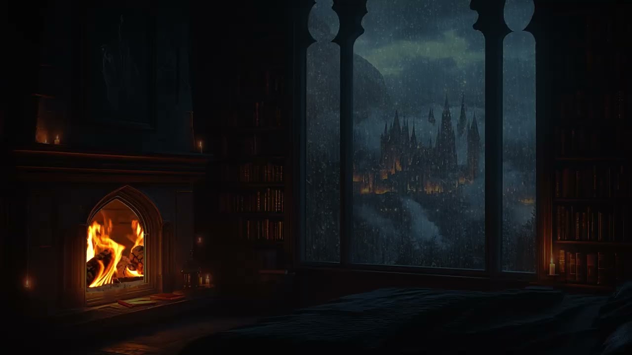 Cold Rain Falling on the Castle Cliffs | Cozy Firelit Bedroom Facing the Window | Gentle Sleep