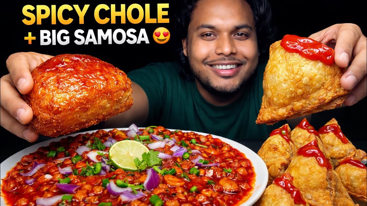 EATING SPICY SAMOSA CHAAT WITH CHOLE (GHUGNI)🥵& SWEET|SAMOSA EATING CHALLENGE|SPICY SHOW|HOMEMADE