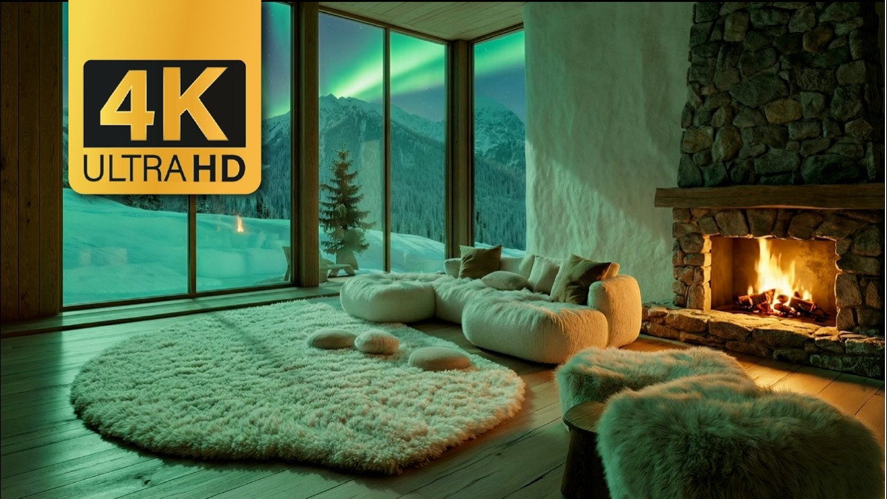 🔥 Northern Lights & Fireplace Ambience | Snowy Mountain Aurora View | 3 Hours 4K