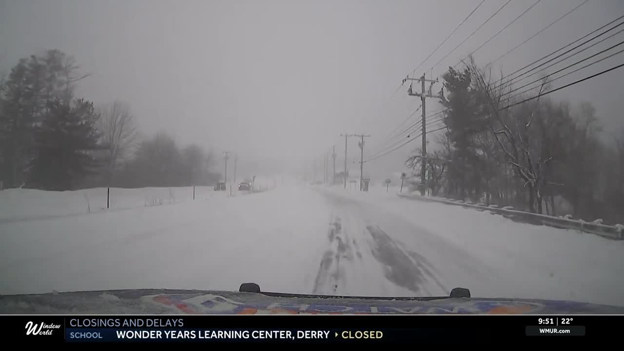 Blizzard-like conditions making for lower visibility, snowy roads in southern New Hampshire