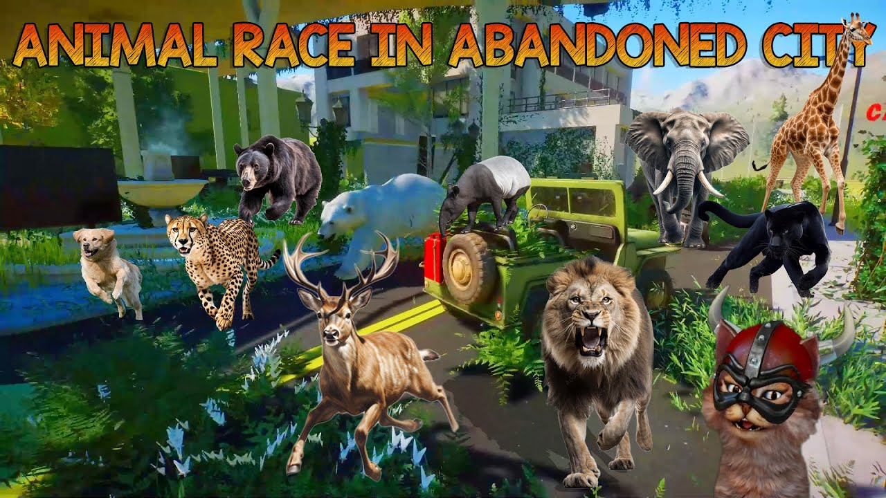 Carnivores VS Herbivores Animal Race in Abandoned City included Elephant, Giraffe, Lion & Polar Bear