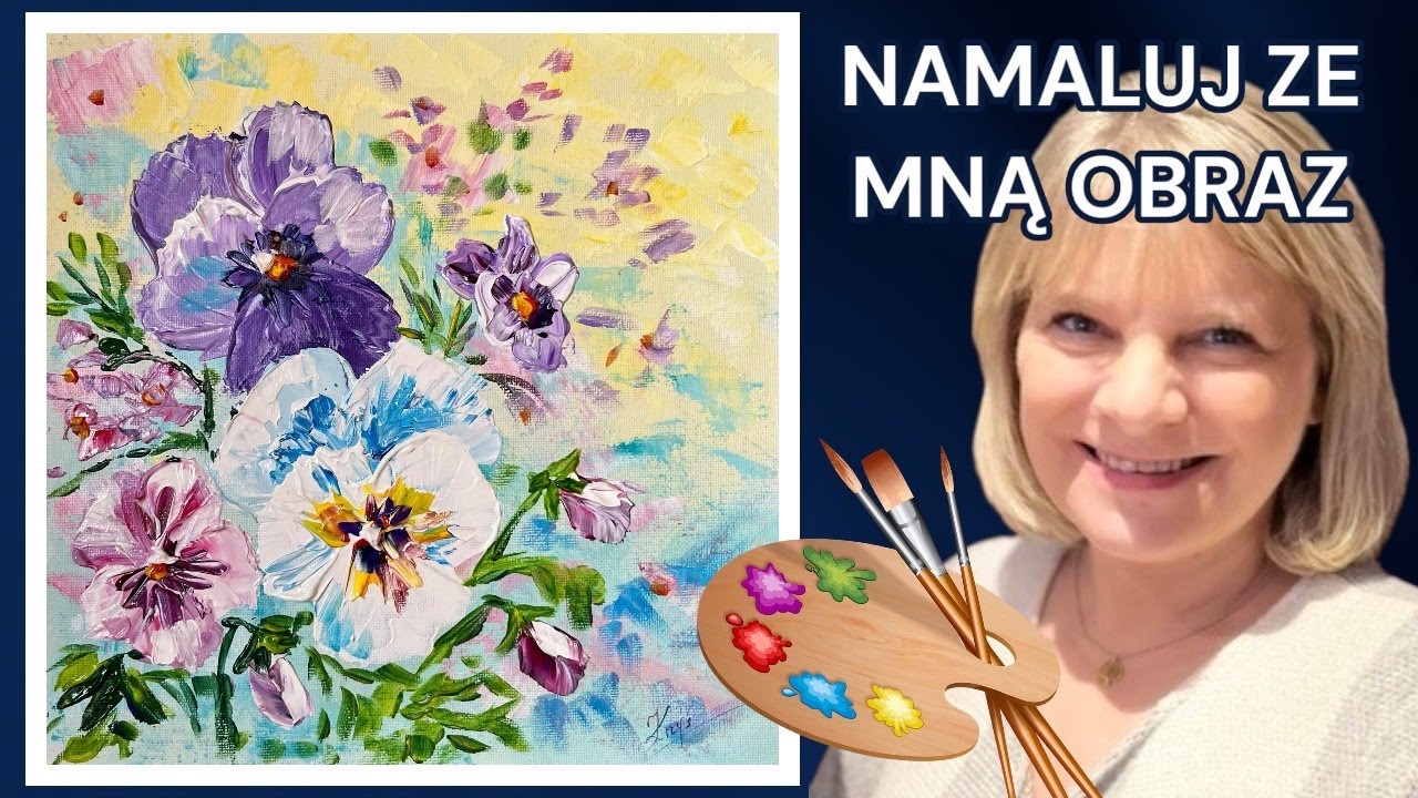 Jak namalować kwiaty (bratki) szpachelką, malowanie akrylami krok po kroku