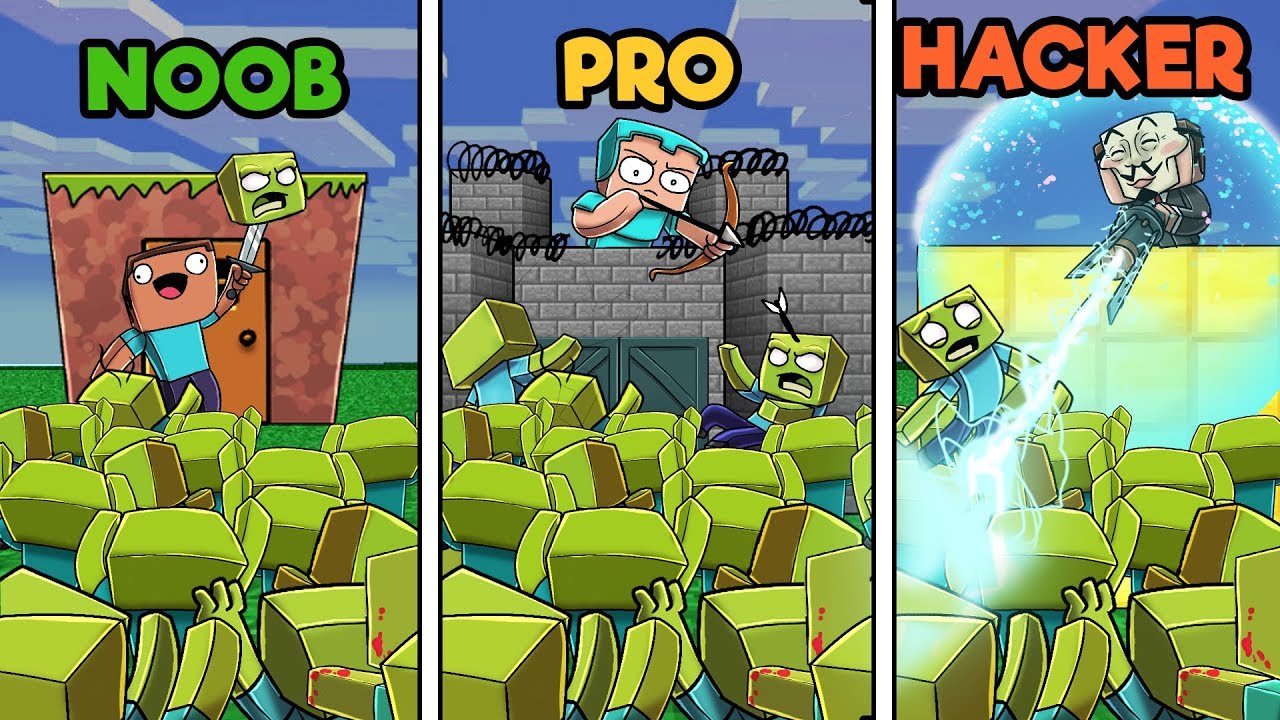 Minecraft - ZOMBIE BASE DEFENSE! (NOOB vs PRO vs HACKER)