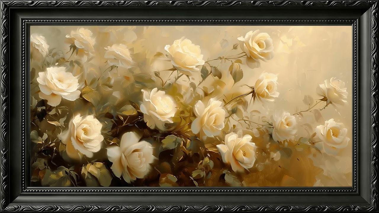 Dreamy Impressionist Oil Painting: White Roses in Golden Mist